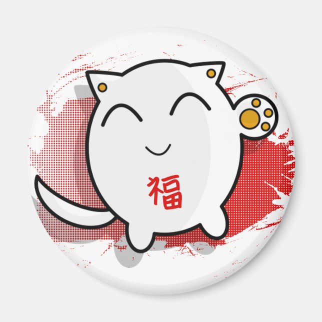 söt japansk lyckad kattdesign vit/röd magnet (Framsidan)