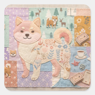 Söt japansk Shiba Inu lapptäcke blommönster Fyrkantigt Klistermärke