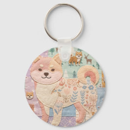 Söt japansk Shiba Inu lapptäcke blommönster Nyckelring