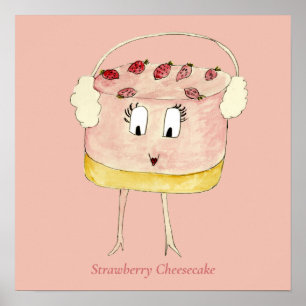 Söt jordgubbcheesecake Rolig sällsam tårta Rosa Poster
