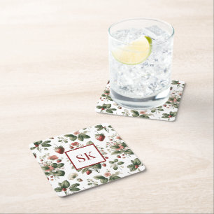 Söt jordgubbe & blommönster anpassad monogram underlägg papper kvadrat
