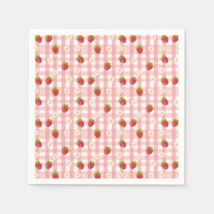 Söt jordgubbe och blommor på rosa rutigt tyg pappersservett