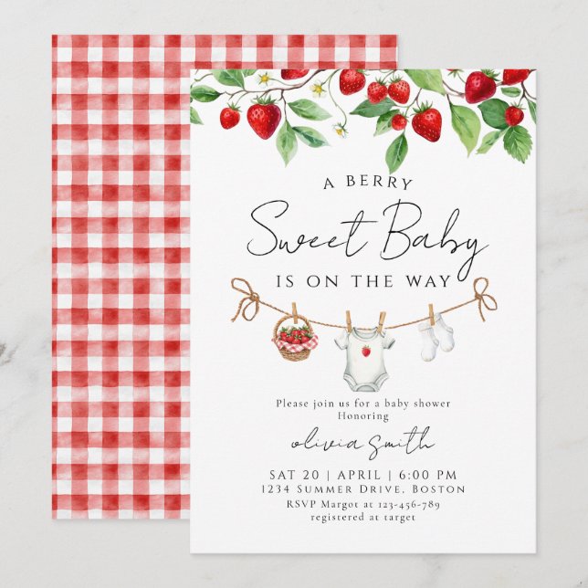 Söt Jordgubbs Baby Shower  Inbjudningar (Fram/baksida)