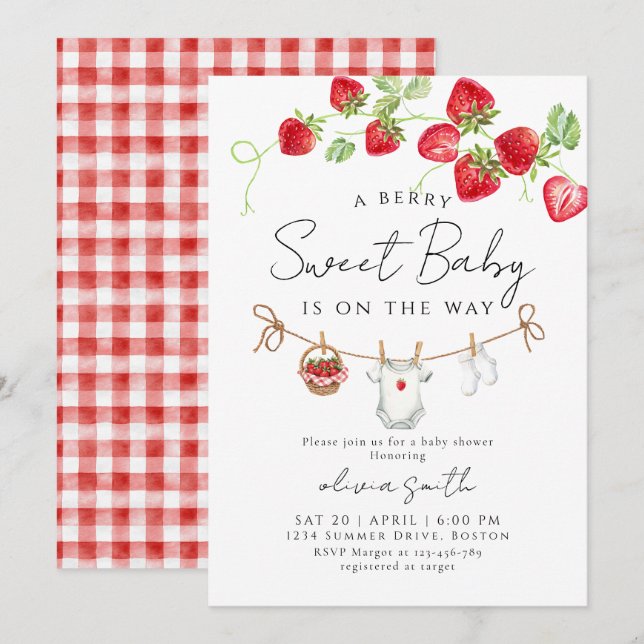 Söt jordgubbs-baby shower  inbjudningar (Fram/baksida)