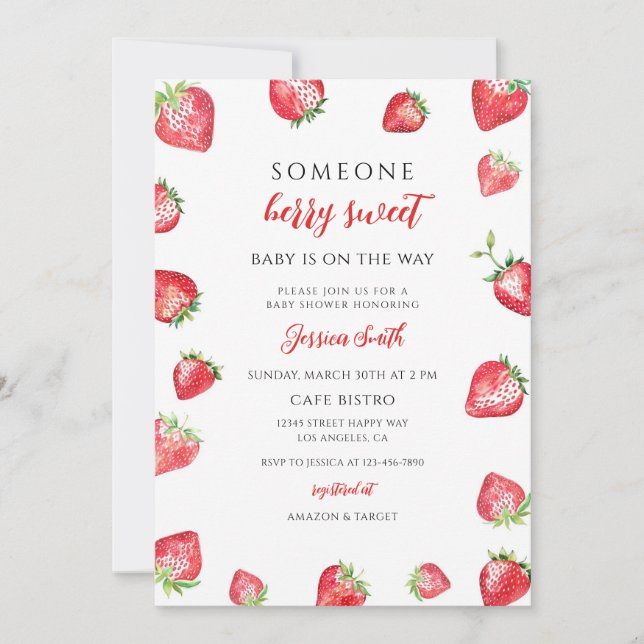 Söt jordgubbs-baby shower inbjudningar (Framsida)