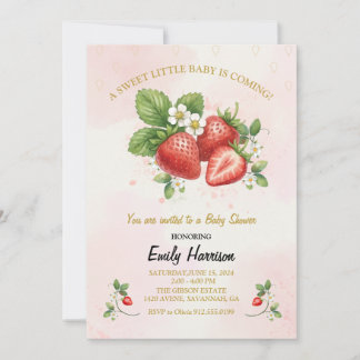 Söt Jordgubbs-baby shower rosa vattenfärg Inbjudningar