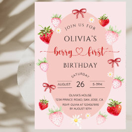 Söt Jordgubbs Berry 1-årsfest för Flickor Inbjudningar