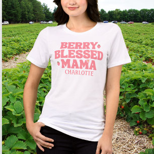 Söt jordgubbsblommig lycklig mamma rosa födelsedag t shirt