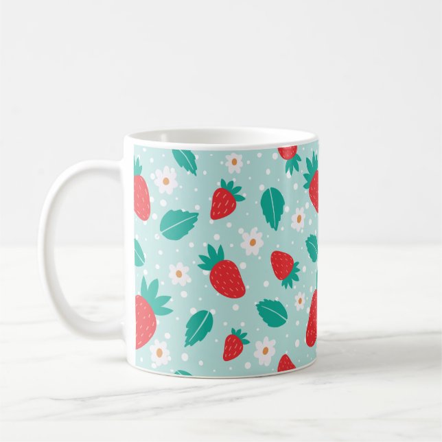 Söt jordgubbsblommmuster på turkos kaffemugg (Vänster)