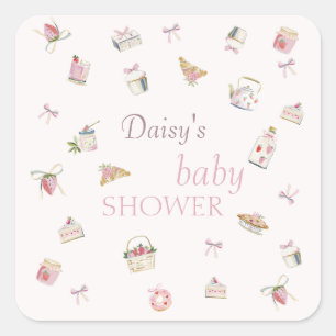 Söt Jordgubbsdessert Baby Shower Vattenfärg Fyrkantigt Klistermärke