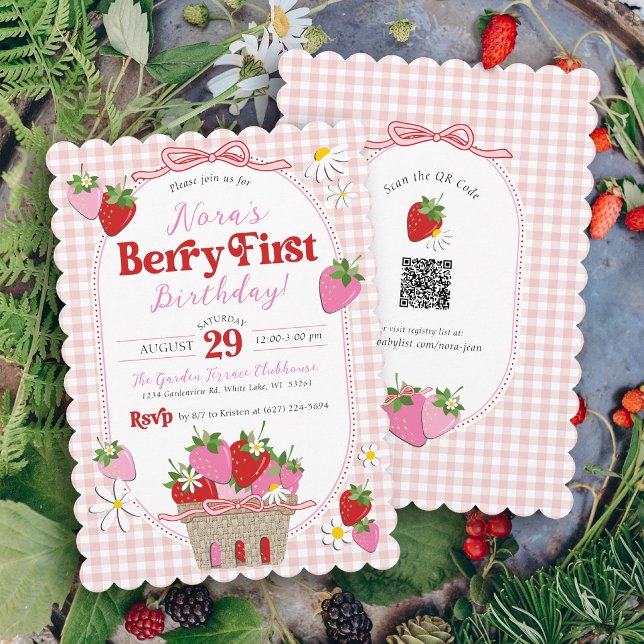 Söt jordgubbsförsta födelsedag för flicka 1 år inbjudningar (Cute Berry First hand drawn pink and red strawberry theme gingham bow 1st girl birthday invitation)