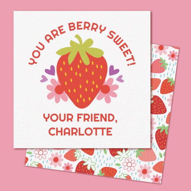 Söt Jordgubbsvalentin för Barn Anteckningskort (A cute Strawberry, berry sweet mini valentine card. Great for a school classroom exchange.)