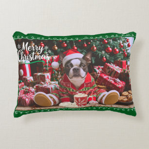 Söt jul Boston Terrier i Pajamas Prydnadskudde