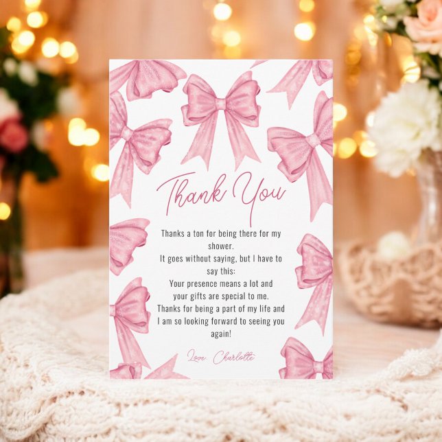 Söt jul Coquette Rosa Båge Bröllopsfest Tack Kort (Cute Christmas Coquette Pink Bow Bridal Shower Thank You Card)
