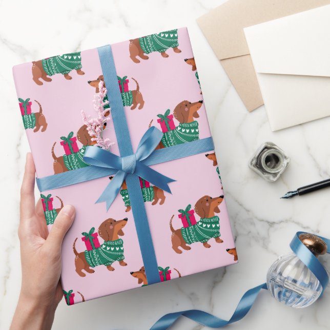 Söt jul-dackel i grön tröja rosa  presentpapper (Gifting)