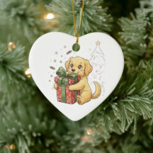 Söt jul-golden retriever-valp som kramar en presen