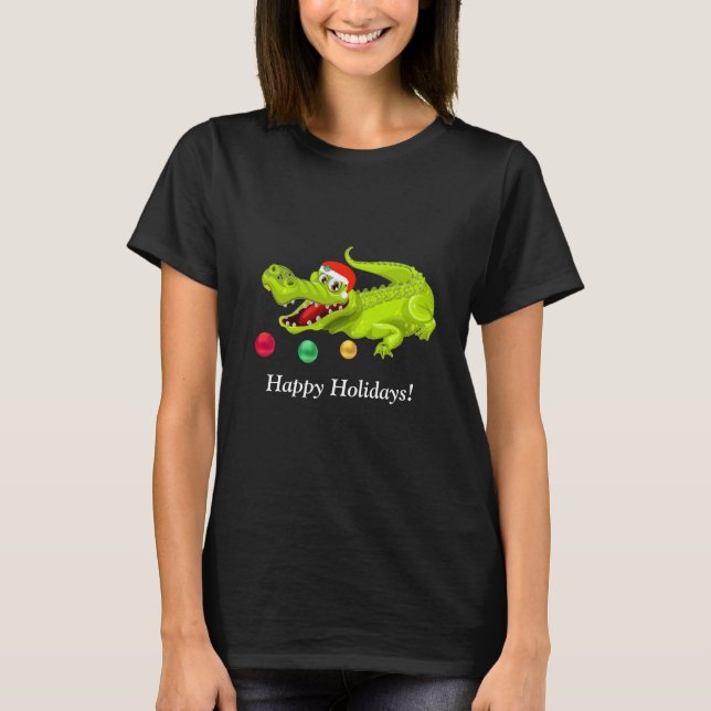 Söt jul krokodil. Gröna Guld & Röda bollar T Shirt (Framsida)