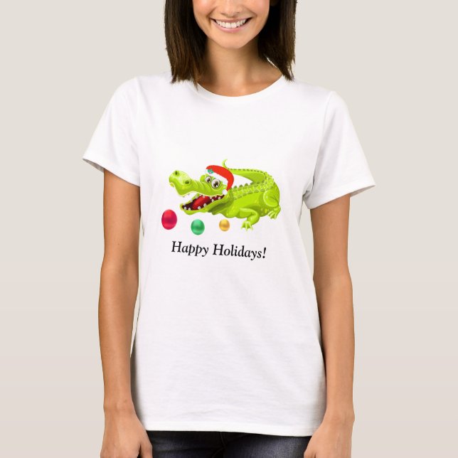 Söt jul krokodil. Gröna Guld & Röda bollar T Shirt (Framsida)