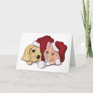 Söt jul labrador valp och orange tabby helgkort