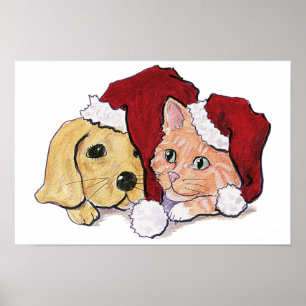 Söt jul-labrador-valp och orange tabby poster