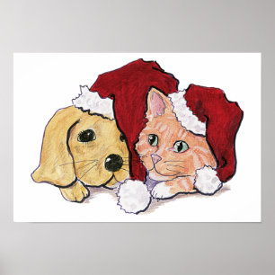Söt jul-labrador-valp och orange tabby poster