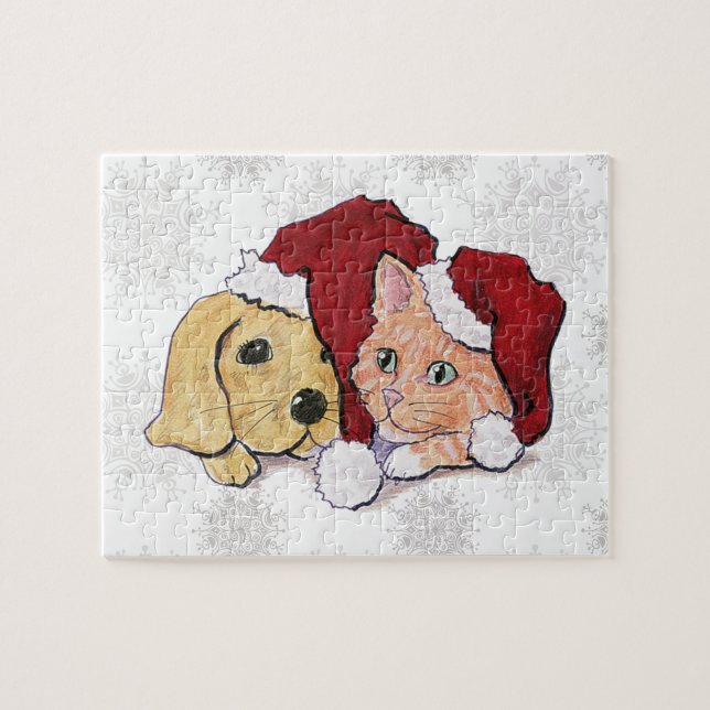 Söt jul labrador valp och orange tabby pussel (Horisontell)