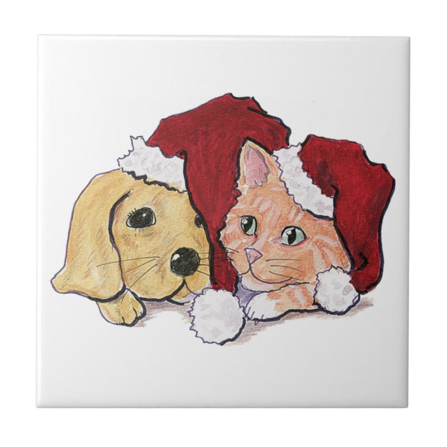 Söt jul Labradortvalp och orange tabby Kakelplatta (Framsidan)