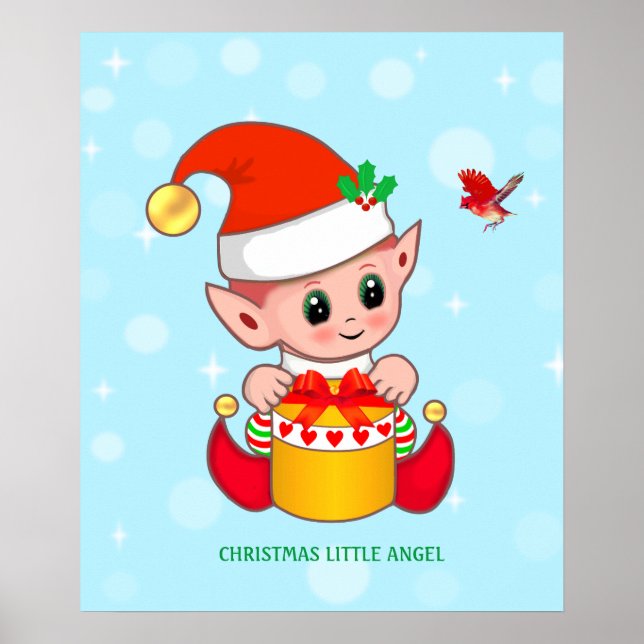 Söt jul liten tomte & röd fågel poster (Framsidan)