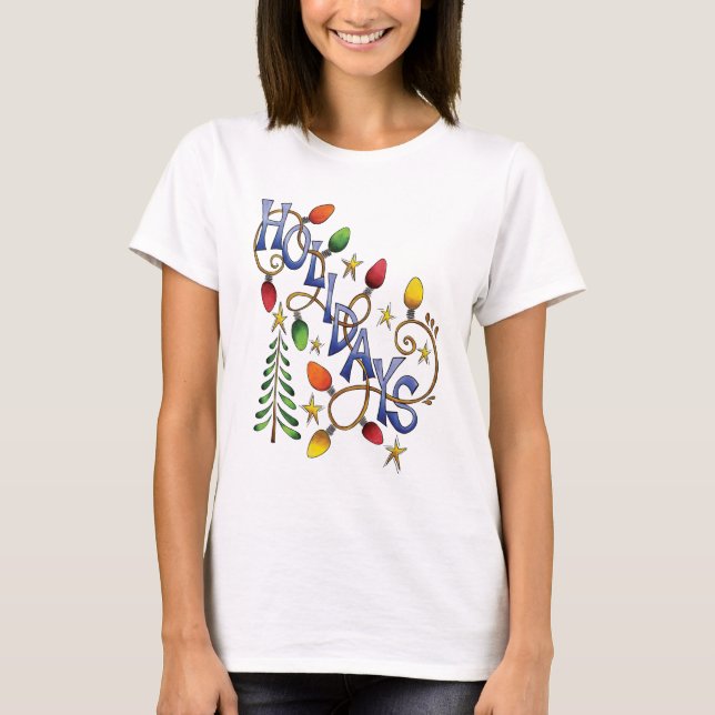 Söt jul, ljus och stjärnor med högtidstext t-shirt (Framsida)
