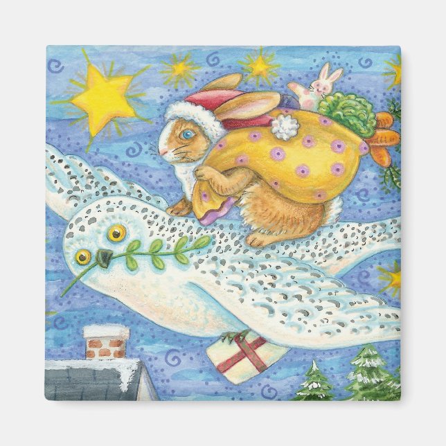 Söt jul med kanin som tomte på uggla magnet (Framsidan)