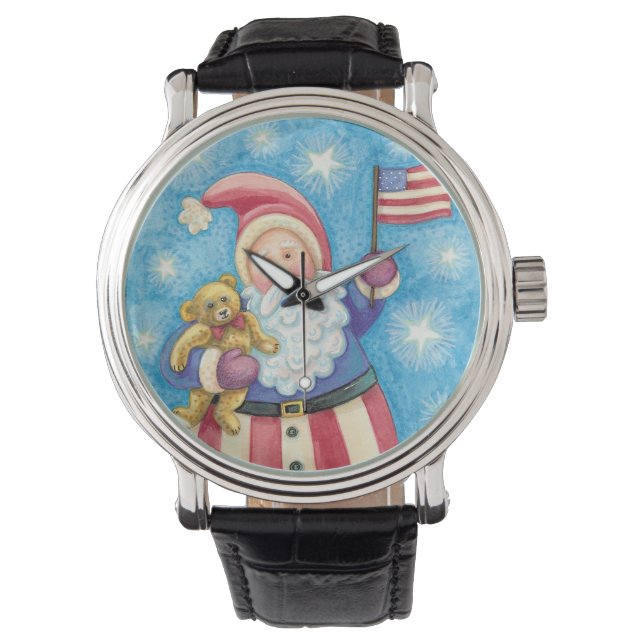 Söt jul, patriotisk tomte med flagga armbandsur (Framsida)