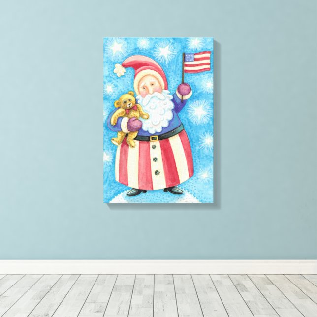 Söt jul, patriotisk tomte med flagga canvastryck (Insitu (trägolv))
