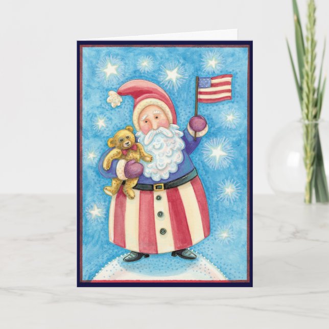 Söt jul, patriotisk tomte med flagga helgkort (Framsida)
