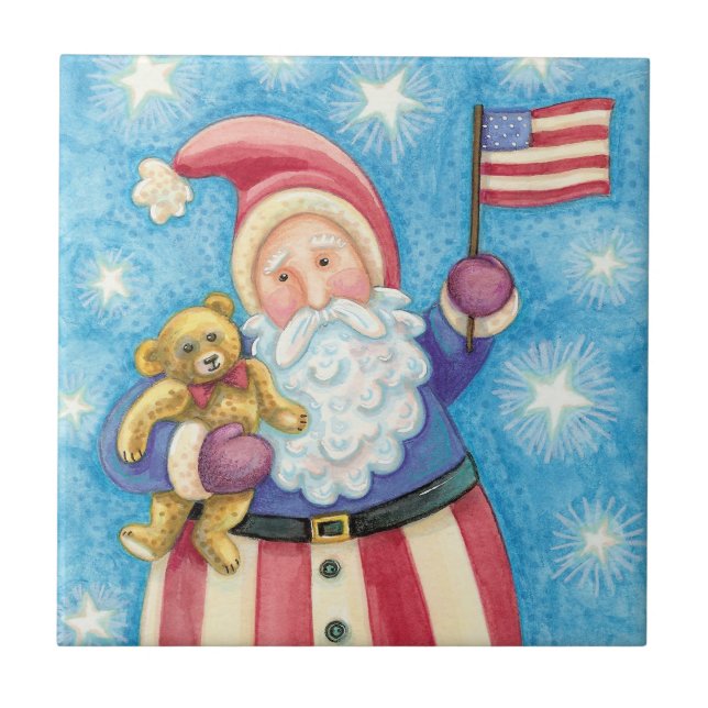 Söt jul, patriotisk tomte med flagga kakelplatta (Framsidan)