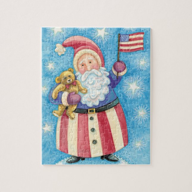 Söt jul, patriotisk tomte med flagga pussel (Vertikal)