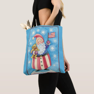 Söt jul, patriotisk tomte med flagga tygkasse