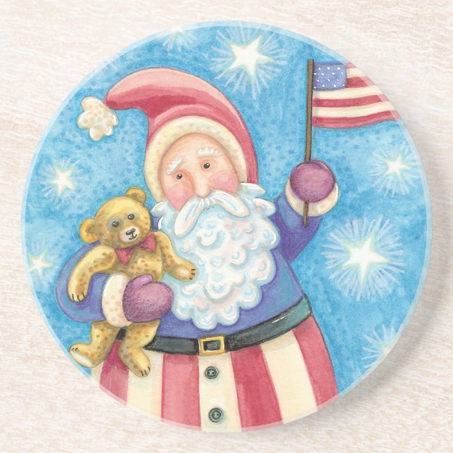 Söt jul, patriotisk tomte med flagga underlägg sandsten (Framsidan)