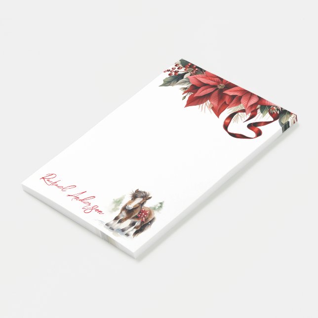 Söt Jul Pony, Poinsettias och Ribbon Post-it Block (Vinklad)