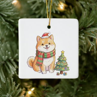 Söt jul-Shiba Inu i tomteluva och halsduk Julgransprydnad Keramik