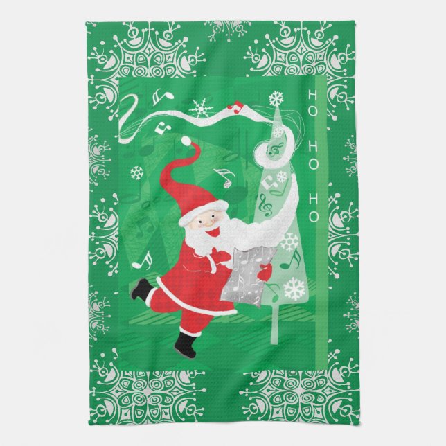 Söt jul, sjungande och dansande tomte kökshandduk (Vertikal)
