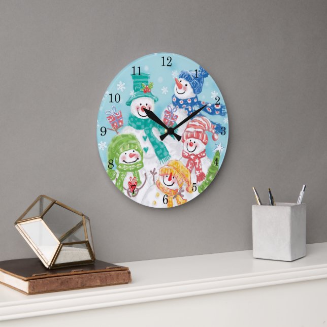 Söt jul-snömannafamilj i snön stor klocka (Kontor)