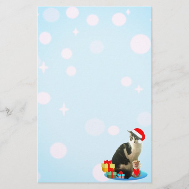 Söt jul-tabbykatt, ljusklot på himmelblå. brevpapper (Framsida)