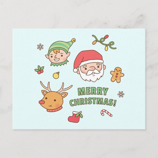 Söt jul-tomte, alv, ren, pepparkakor helg vykort (Framsida)