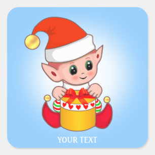 Söt jul-tomte & Anpassad text på ljusblå Fyrkantigt Klistermärke