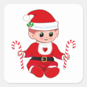Söt jul tomte baby & sockerrör fyrkantigt klistermärke