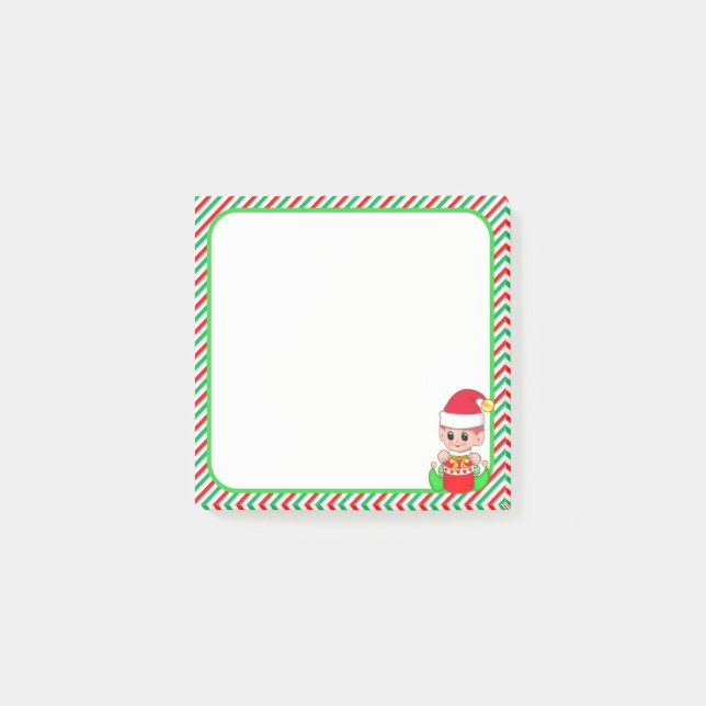 Söt jul-tomte & Grön, Röd & Vit Ram Post-it Block (Framsida)