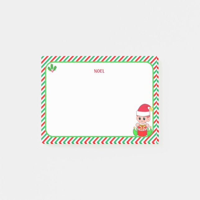 Söt jul-tomte & Grön, Röd & Vit Ram Post-it Block (Framsida)