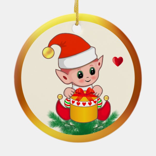 Söt jul-tomte & hjärtan julgransprydnad keramik (Baksidan)