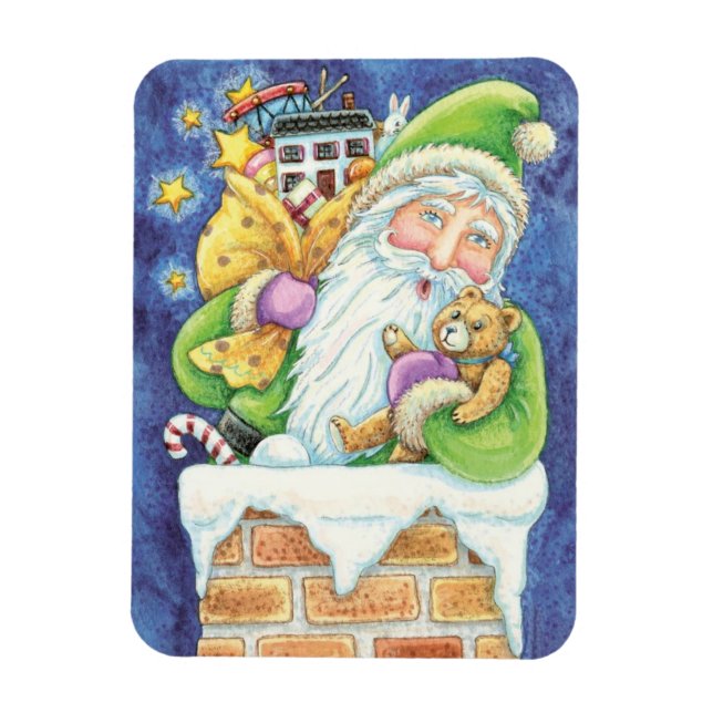 Söt jul, Tomte i skorsten med leksaker Magnet (Vertikal)
