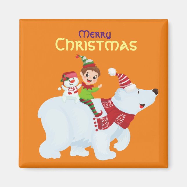 Söt jul-tomte isbjörn snöman fyrkant magnet (Framsidan)